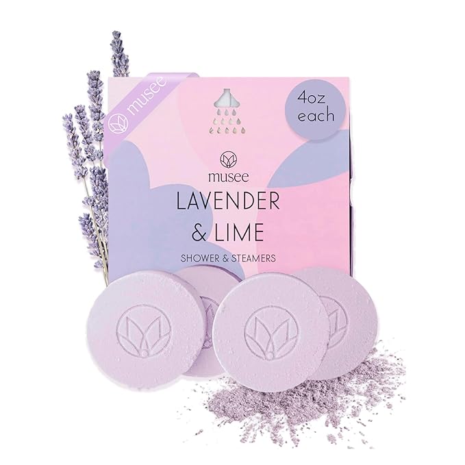 Musee Shower Steamers, Lavender & Lime Shower Steamers, Aromatherapy Gift Set for Women, Handmade in USA, Paraben-Free & Sulfate-Free, Unique Christmas Gifts for Women, 4-Piece Set