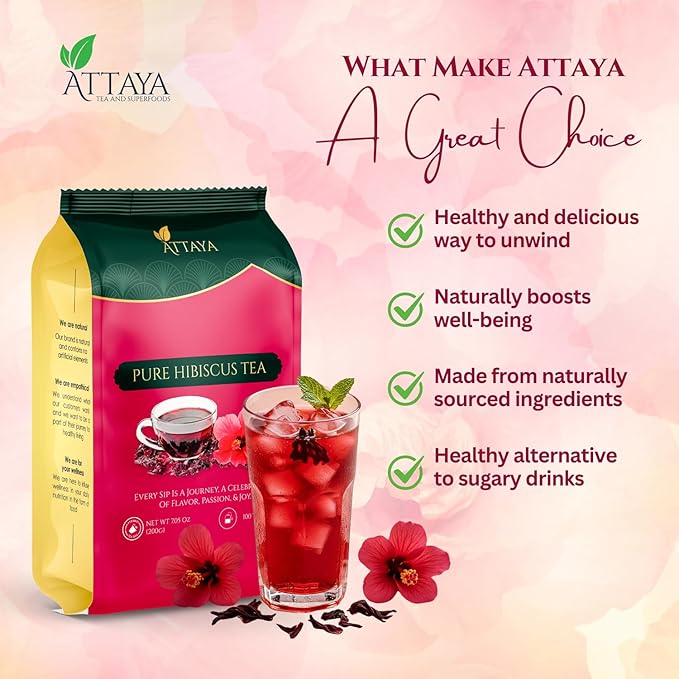 Attaya Pure Hibiscus Tea Bags, 100 Count: Premium Herbal Tea, Eco-Friendly Tea Bags, Caffeine-Free, Non-GMO, No Sugar. Hibiscus is directly sourced from Nigeria.