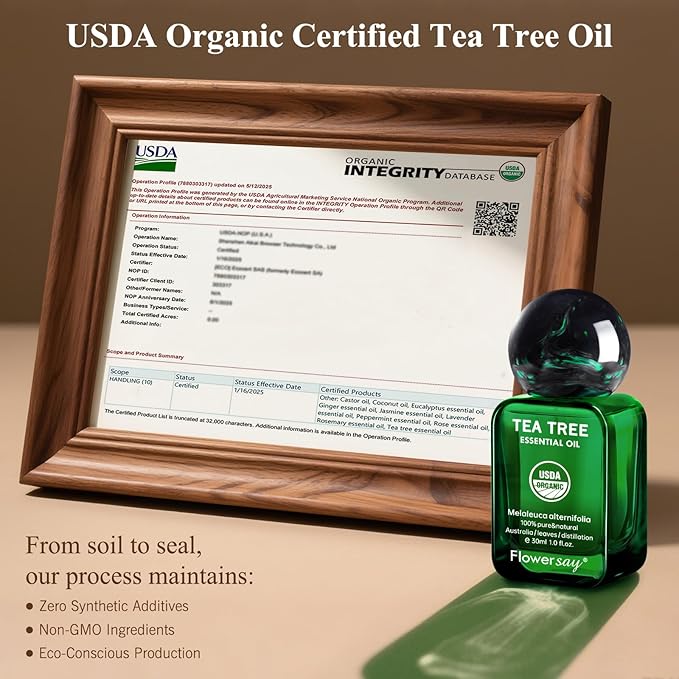 Flower Say Tea Tree Essential Oil for Skin, USDA Organic Tea Tree Oil for Hair, 100% Pure & Nature Essential Oil for Toenails, Diffuser, Aromatherapy-30ml