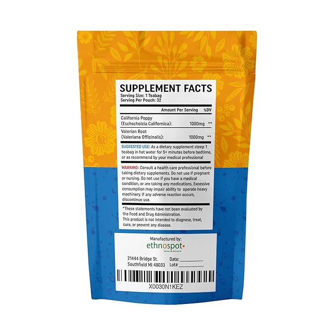 CaliPM Teabags - Natural Sleep Tea with California Poppy & Valerian Root, Herbal Tea for Relaxation & Discomfort Relief, Unsweetened & Vegan, Melatonin-Free, 100% Natural Ingredients - 2 Gram Teabags - 32 Teabags