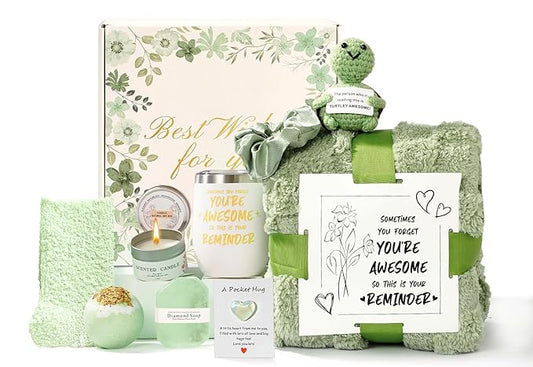 Self Care Gift Basket for Women, Luxury Spa Gift Basket with Blanket, Vanilla Coconut Self Care Set, Friendship Birthday Box for Mom, Sister, Wife, Best Friend, Coworker(Green)