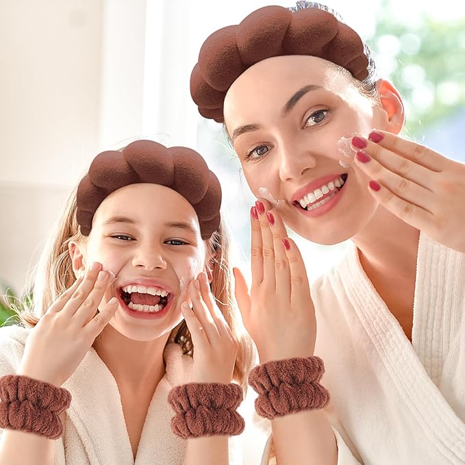 Zkptops Spa Headband for Washing Face Wristband Set Sponge Makeup Skincare Terry Cloth Bubble Soft Get Ready Hairband for Women Girl Puffy Padded Headwear Non Slip Thick Hair Accessory(Dark Brown)