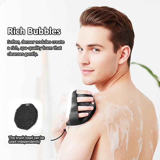 3PCS Extender Handle Set,17in Lengthen Detachable Long Handle Back Brush*1,Silicone Body Scrubber for Gentle Exfoliating and Massage Can Produce Rich Foam*2,Long Handle Back Scrubber for Men (Black)