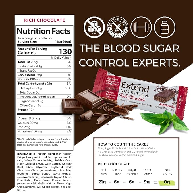 Extend Nutrition Sugar Free High Protein Bars, Perfect Sugar Free Snacks for Diabetes, Protein Bars for Hunger Control & Steady Energy, Low Carb, Keto, Intermittent Fasting, Rich Chocolate, 12 Count