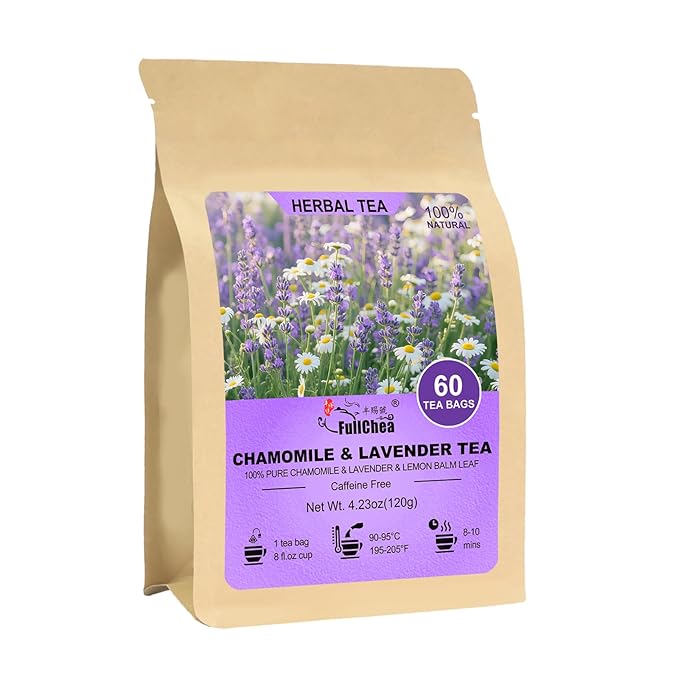 FullChea - Chamomile Lavender Tea Bags for Relaxation & Better Sleep - 60 Count - Caffeine-Free Blend Herbal Tea - Premium Chamomile & Lavender Flowers