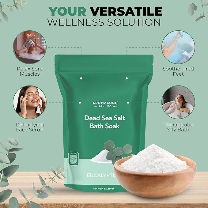 Aromasong Dead Sea Salt - Fine Grain Spa Bath Salt Eucalyptus Scent 14 Oz – 100% Pure & Natural - Soak for Women & Men for Skin Issues and to Relax Tired Muscles