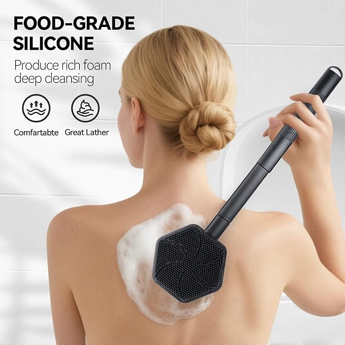 21 Inches Silicone Back Scrubber for Shower - Extendable Shower Brush Long Handle with Stiff and Soft Bristles -Loofah Alternative- Body Exfoliator for Bath or Dry Brush,Men & Woman (Black)