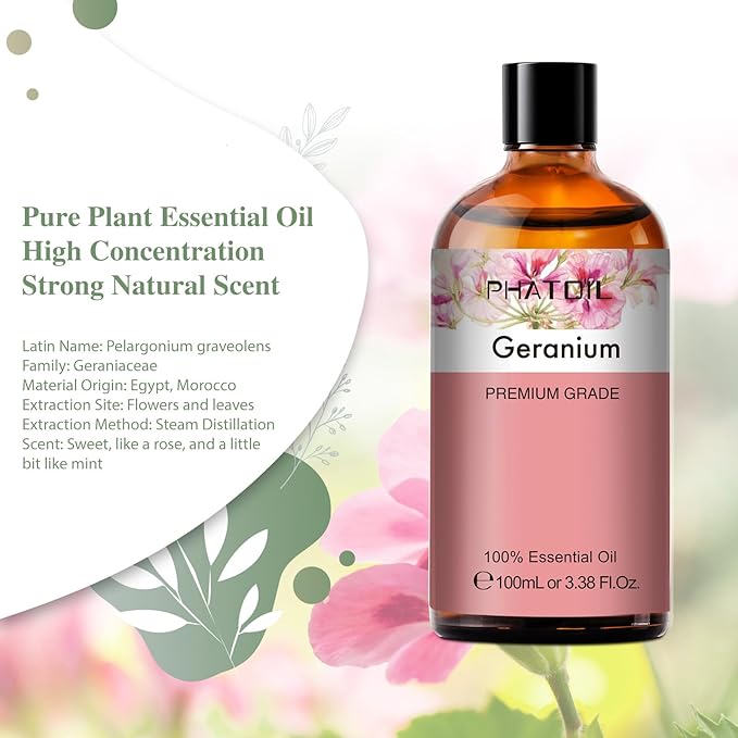 Geranium 3.38fl.oz Essential Oil, PHATOIL Aromatherapy Essential Oils for Diffuser, Humidifier, Perfect for DIY Soap, Candle, Bath Bombs Making(100ml)