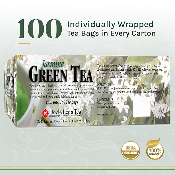 Uncle Lee’s Premium Green Tea with Jasmine Flowers, Lightly Caffeinated, 100 Count – Antioxidant-Rich Young Tea Leaves in Individually Wrapped Bags, 5.64 Oz