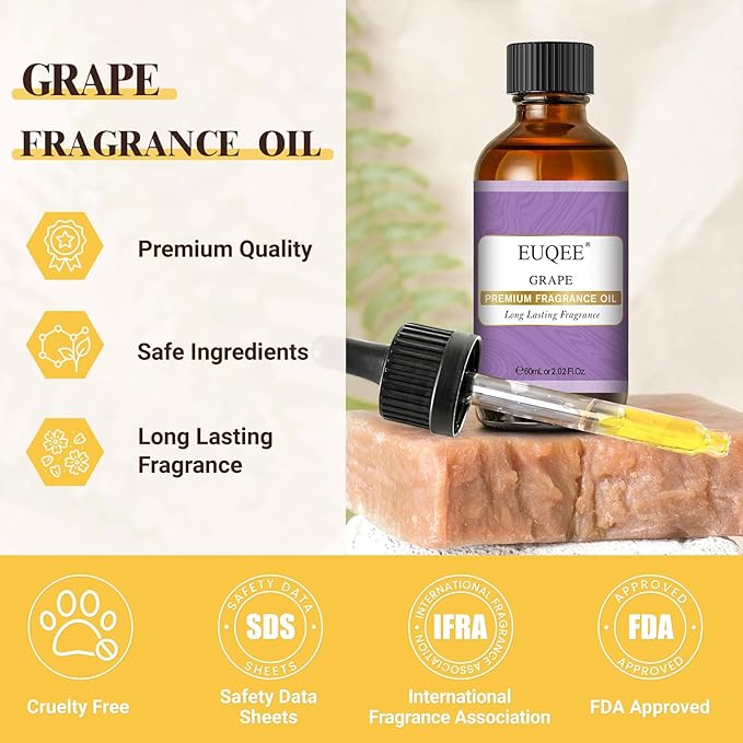 EUQEE Grape Fragrance Oil, Premium Essential Oil 2.02 Fl oz with Glass Dropper for Aromatherapy, DIY Bath Bombs, Candle Soap Making (60ml)