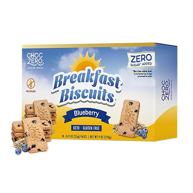 ChocZero Blueberry Breakfast Biscuits – No Sugar Added, Keto & Gluten Free, High Fiber Prebiotic Snack, Blueberry‑Baked Low Net Carb Cookies – 9oz Box