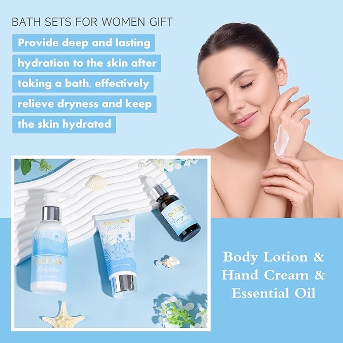 Birthday Gifts for Women, Relaxing Spa Gift Baskets for Women, Ocean Scented Self Care Gifts, Mothers Day Bath and Body Inspirational Gift Set for Mom Her Wife Best Friends Sister Girlfriend Coworker