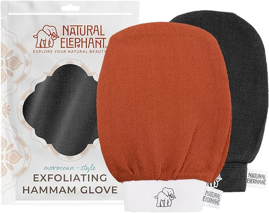 Natural Elephant Exfoliating Hammam Glove | Authentic Moroccan Kessa Body Scrub Mitt for Spa-Quality Skin Renewal | Pure Black and Burnt Orange Pack of 2