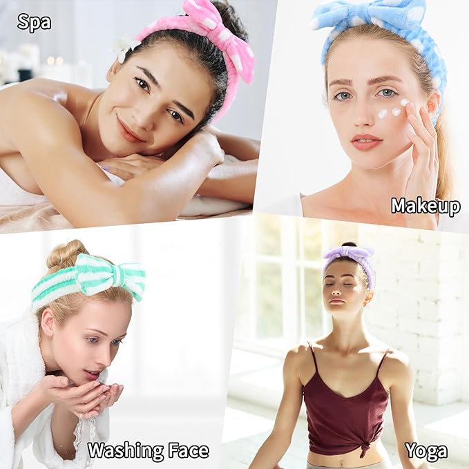 Casoty Spa Headbands - 10 Pcs Soft Coral Fleece Bow Headbands for Face Washing, Shower, Skin Care, Yoga