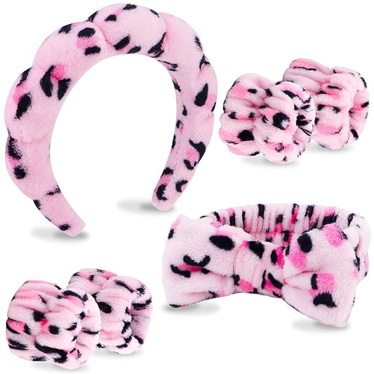VELSCRUN 6 Pack Spa Headband, Makeup Headband, Face Wash Headbands, Skincare Headbands, Pink Leopard Sponge Hair Band Bow Tie Spa Head Band for Washing Face Wristband Set Hair Accessories for Women