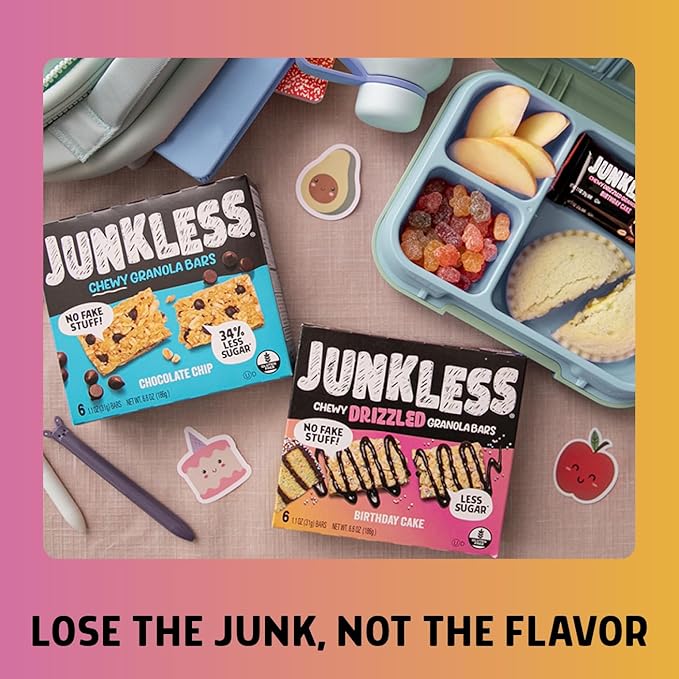 JUNKLESS Chewy Granola Bar 2‑Flavor Variety Pack (24 Bars)–Non‑GMO, Gluten‑Free, Less Sugar Snack Bars— Drizzled Birthday Cake & Berries & Cream, 4 Boxes