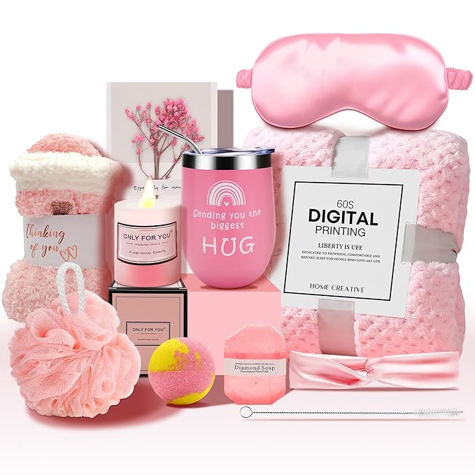 Birthday Gifts for Women - Self Care Gifts, Get Well Soon Gifts for Women, Unique Relaxing Spa Gifts Basket with Flannel Blanket, Tumbler, Socks, Soap & Candle, for Grandma Sister Mom, Wife, Her