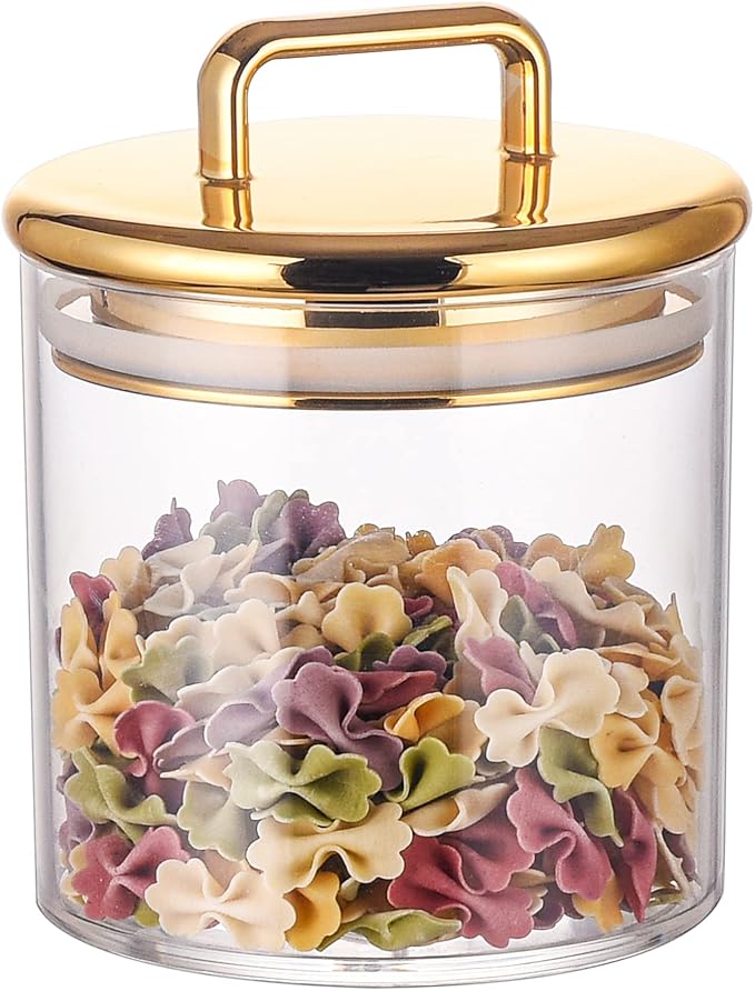 16 oz Small Acrylic Storage Apothecary Jar with Gold Airtight Lid | Bathroom Vanity Organizer Containers | Ideal Decorative Canisters for Shells, Bath Salt, Cotton Swabs, Cotton Ball, Flossers