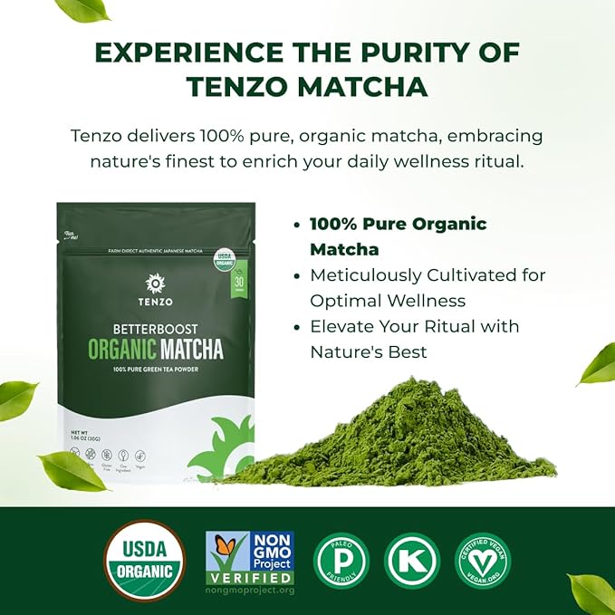 Tenzo Matcha Green Tea Powder - USDA Organic Premium Grade - Authentic Japanese Matcha Tea - Latte Powder - BetterBoost (1.06 Ounce)