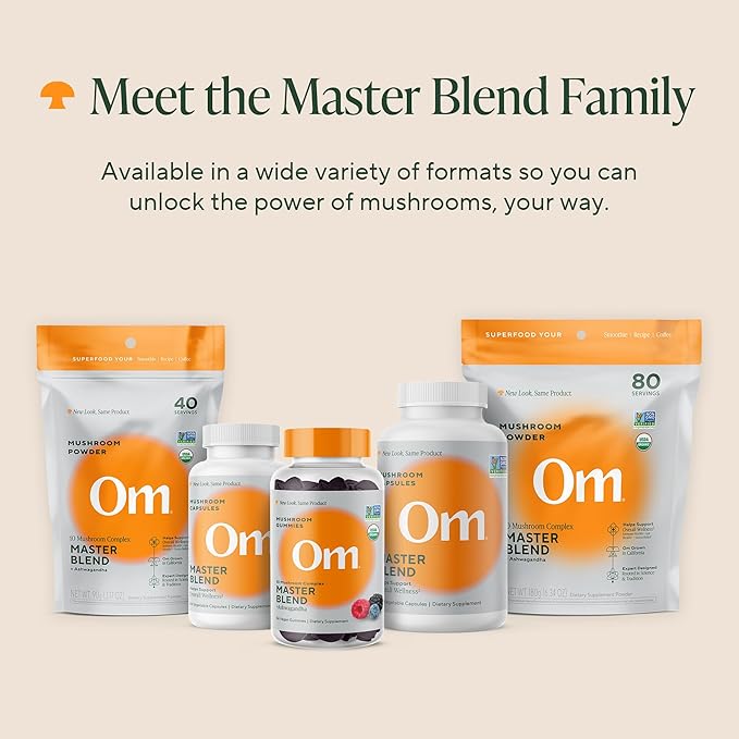 OM Master Blend Mushroom Powder – Organic Mushroom Supplement with 10 Mushrooms and Ashwagandha - Support Immunity, Gut Health & Stress Relief, 3.17 oz (40 Servings)