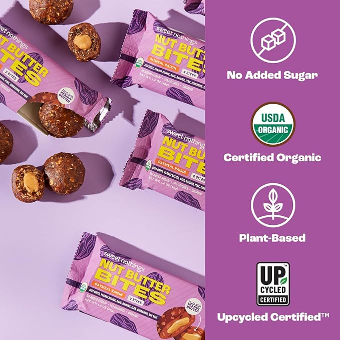 Sweet Nothings, Oatmeal Raisin, USDA Organic Nut Butter Bites Protein Bar, Nut & Date Snack, Filled with Peanut Butter, 12-2 Bite Value Packs - No Added Sugar, Plant Based, Vegan, Only 7 Ingredients
