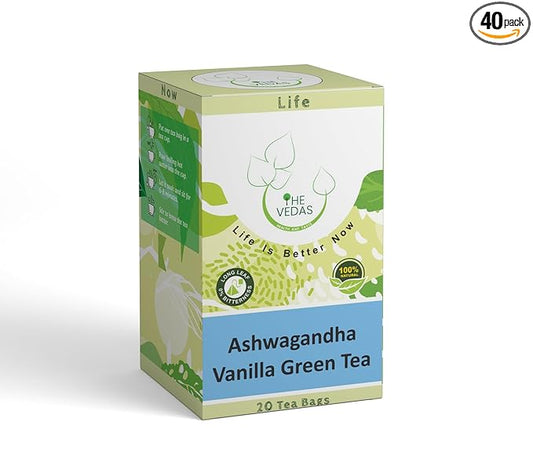 THE VEDAS Ashwagandha Vanilla Green Tea | Green Tea | Biodegradable Cotton Teabags | 40 Tea Bags(Pack of 2)