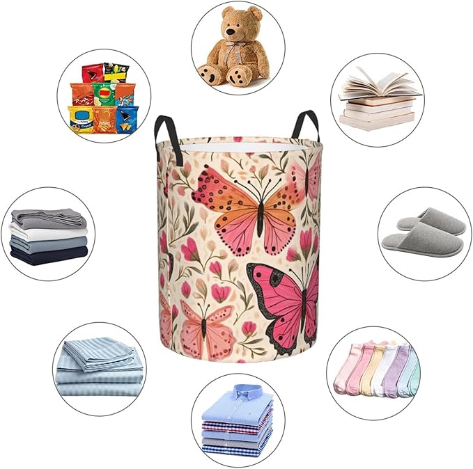Laundry Basket Colored Pink Butterflies Collapsible Large Capacity,Dirty Clothes Basket Durable Lightweight Hamper With Handles Ideal For Clothes,Toys Home Organization size19.6iN *15.7in,63L