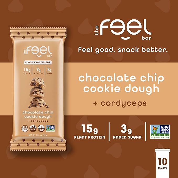 Feel Vegan Protein Bars | Cookie Dough | Keto | Gluten Free | Organic | Cordyceps | 15g Protein | Low Carb | Dairy Free | Grain Free | Nut Free | Soy Free | Non GMO - 10 Pack