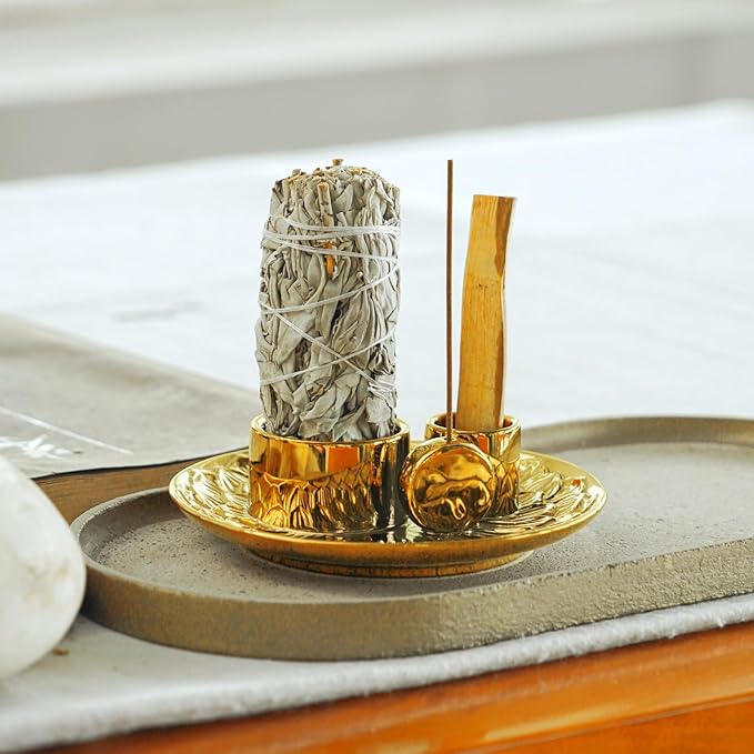 4 in 1 Incense Holder, Ceramic Incense Stick and Palo Santo Holder,Sage Holder for Burning- 5.5" Ceramic Ash Catcher Tray for Meditation and Yoga Room (Golden)