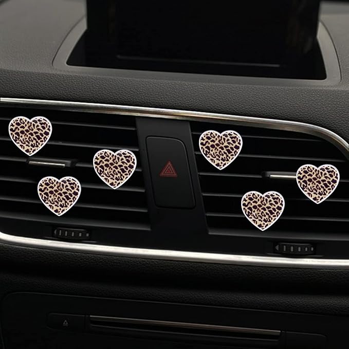 6Pcs Leopard Heart Car Air Freshener Clips - Fashion Animal Print Vent Decor Accessories, Long-Lasting Scent Diffusers for Women Girls, Cute Auto Interior Charms