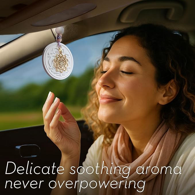 Luxury Car Air Freshener for Women - Refillable & Portable Essential Oil Fragrance Diffuser - Cute Car Accessories & Interior Decor - Mirror Hanging or Vent Clips - Mandala Gold Charm, Rose Scent