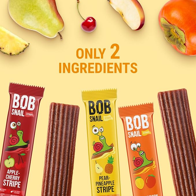 BOB SNAIL Healthy Organic Fruit Snacks for Kids and Adults – 30 Organic Fruit Leather Snacks with Persimmon, Pear-Pineapple,Cherry – Vegan Low-Carb Variety Pack Strips for Kids – Sugar Free Jerky Bars