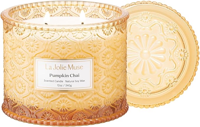 LA JOLIE MUSE Fall Candles – Pumpkin Candle with Spicy Chai & Vanilla | 12 oz Double Wick Soy Candle | 60 Hours Clean Burn | Autumn Home Décor & Hosting Gift