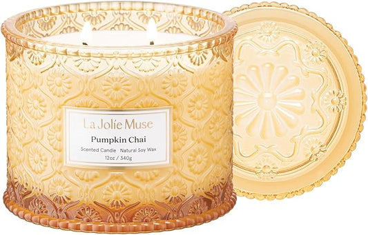 LA JOLIE MUSE Fall Candles – Pumpkin Candle with Spicy Chai & Vanilla | 12 oz Double Wick Soy Candle | 60 Hours Clean Burn | Autumn Home Décor & Hosting Gift