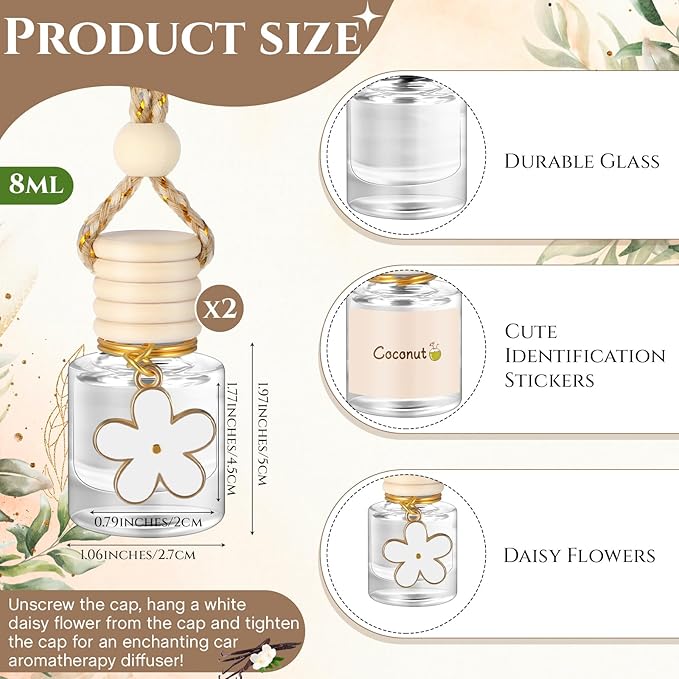 2 Sets Hanging Car Air Freshener and Essential Oil Diffuser, Car Air Freshener Daisy Essential Oil Diffuser Long Lasting Automobile Aromatherapy(White,Coconut)