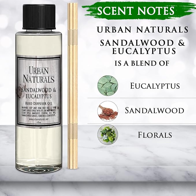 Urban Naturals Reed Diffuser Oil Refill, Sandalwood & Eucalyptus Diffuser Oils with Musk, Herbal Woods, 4 oz + Free Reed Sticks, Made in The USA