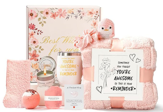 Self Care Gift Basket for Women, Luxury Spa Gift Basket with Blanket, Vanilla Coconut Self Care Set, Friendship Birthday Box for Mom, Sister, Wife, Best Friend, Coworker(Pink)