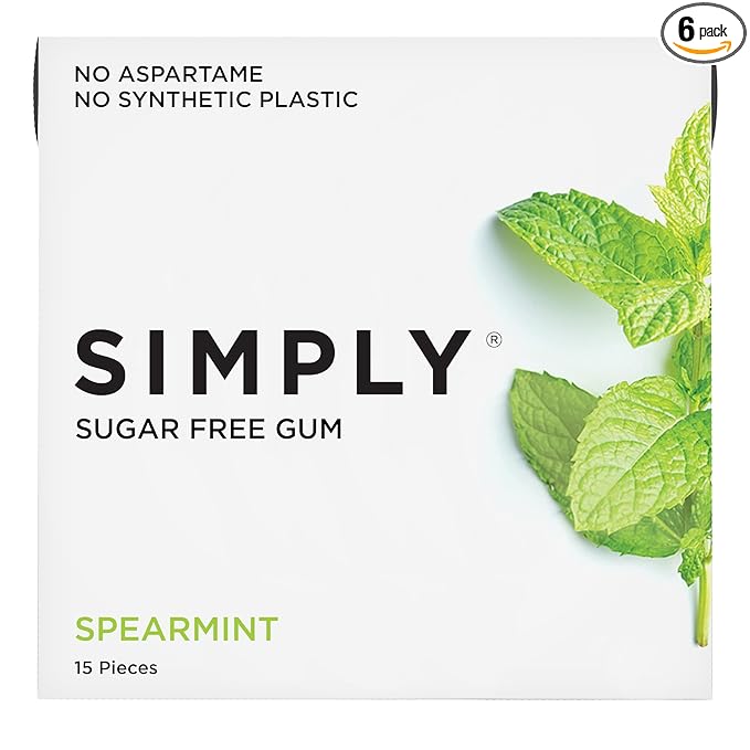 SIMPLY Gum | Dental Gum | Xylitol Chewing Gum - Sugar Free | Spearmint | Pack of Six (90 Pieces Total) | Synthetic Plastic Free + Sugar Free + Aspartame Free