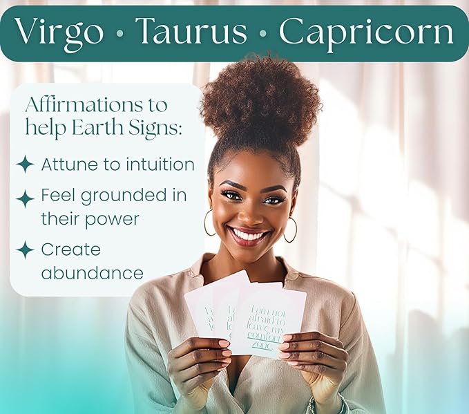 Affirmation Cards for Earth Signs - Gifts for Virgo, Capricorn, Taurus. Inspirational Card Set with 40 Daily Positive Affirmations, Spiritual Self Care, Zodiac Collection