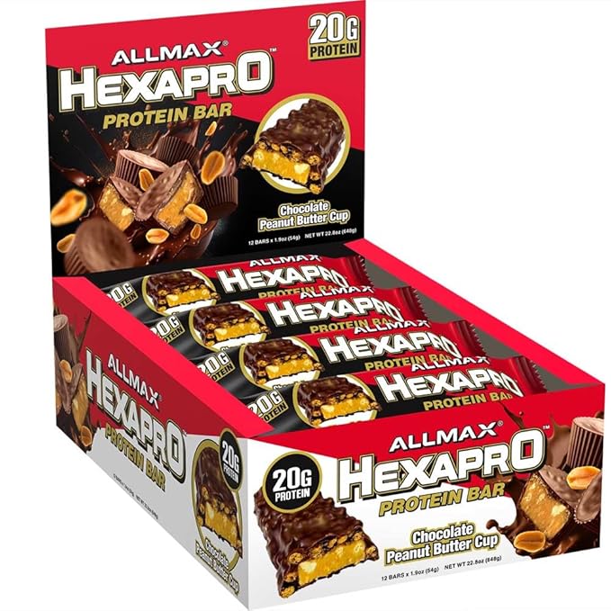 ALLMAX HEXAPRO PROTEIN BAR, Chocolate Peanut Butter Cup - Pack of 12 - High-Protein Energy Snack - 20 g of Protein Per Bar - With Whey Protein Isolate