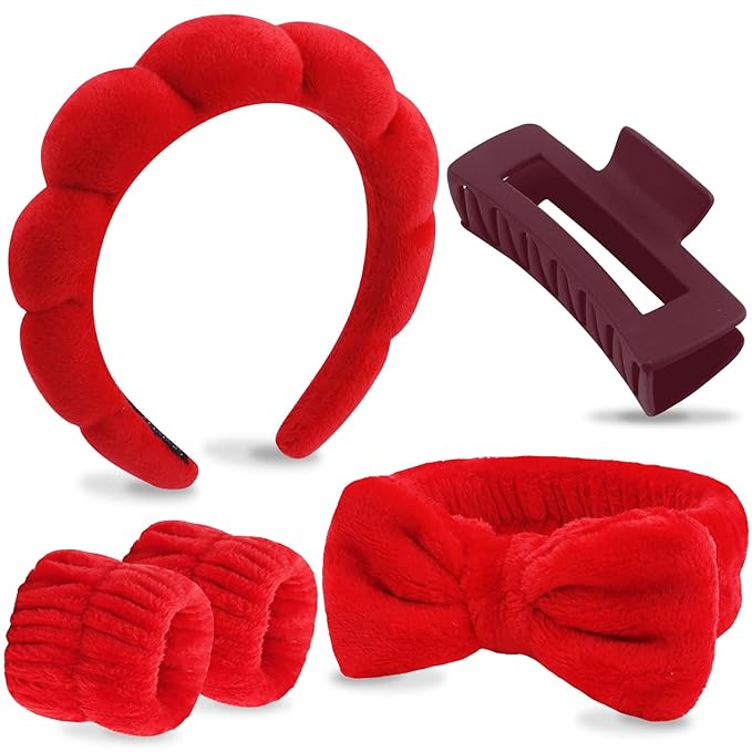 VELSCRUN Spa Headbands for Wash Face, Makeup Headband, Facial Skincare Headbands, 5 Pcs Red Puffy Sponge Spa Headband Bow Tie Hair Band Hair Clips Wristband Set Women Girls Accessories