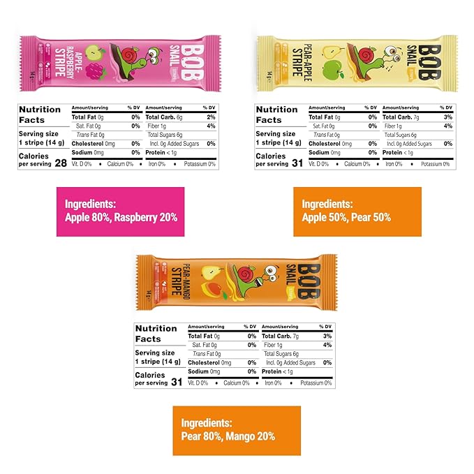 BOB SNAIL Healthy Organic Fruit Snacks for Kids and Adults – 30 Organic Fruit Leather Snacks with Pear-Apple, Raspberry, Mango – Vegan Low-Carb Variety Pack Strips for Kids – Sugar Free Jerky Bars