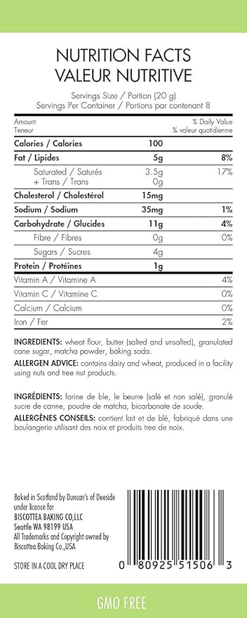 BISCOTTEA Matcha Green Tea Shortbread Cookies (8 Cookies) (Pack of 2)