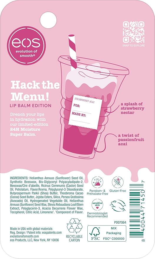 eos 24H Moisture Super Balm - Strawberry Acai, Lip mask, Moisturizing, Lip Treatment, Limited-Edition Skincare, 0.35 fl oz