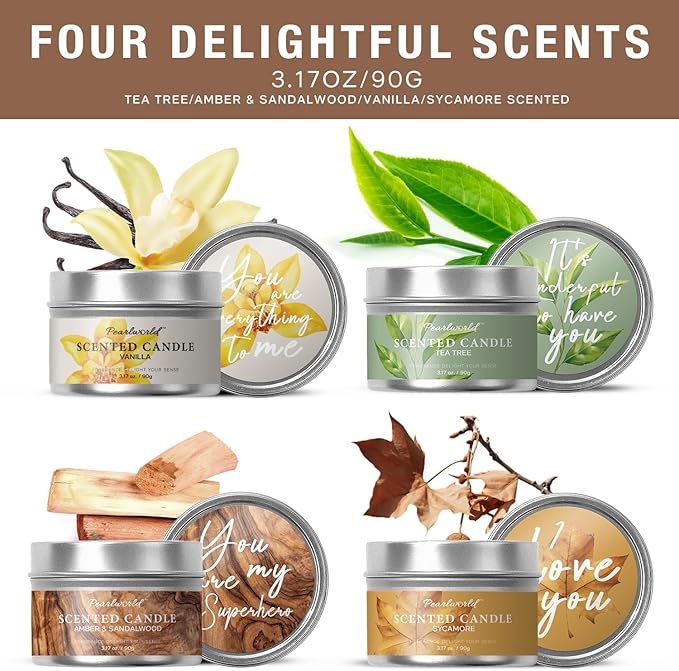 Scented Candles for Women, 4 Pack Candle Set Gifts for Women - Sycamore, Vanilla, Tea Tree, Amber Amber & Sandalwood Scented, Gift Sets for Mom