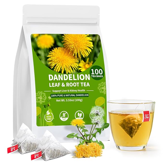 Dandelion Leaf and Root Tea bags, Natural Chinese Detox Herbal Tea Support Liver & Kidney Health and Aid Digestion Caffeine Free (1 Pack/100 Bags)