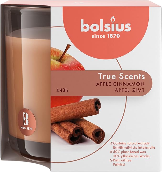 Bolsius Apple Cinnamon Scented Candle - Premium Long-Lasting Jar, 43+ Hours Burn Time - Natural Plant-Based Wax, Smokeless, Clean-Burning Aromatherapy - Large 8oz Glass Jar