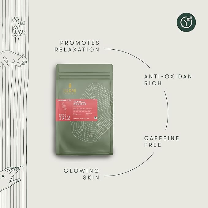 Luxmi Estates Rooibos Vanilla Organic Rooibos Tea (50 Tea Bags) Caffeine Free Tea Bags For Relaxing, Calming, and Stress Relief, With Certified Organic Herbal Tea