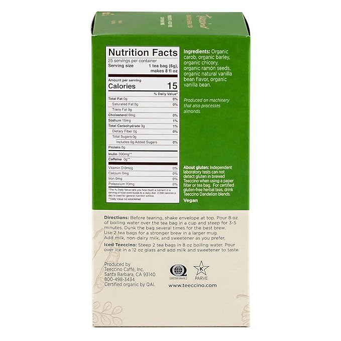 Teeccino French Vanilla Herbal Tea - Rich & Roasted Herbal Tea That’s Caffeine Free & Prebiotic for Natural Energy, Coffee Alternative, 25 Count
