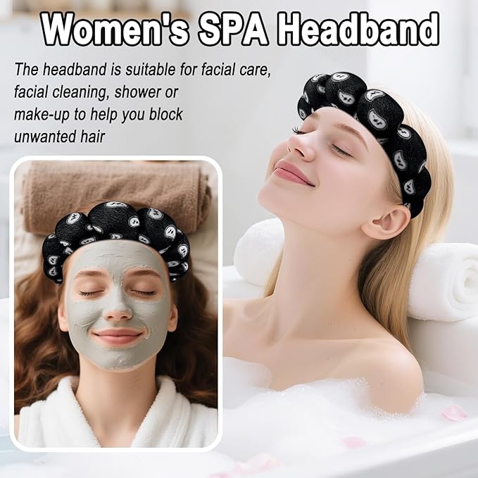 Zkptops Spa Headband for Washing Face Wristband Set Sponge Makeup SkincareVelvet Fabric Bubble Soft Get Ready Hairbands for Women Puffy Headwear Non Slip Thick Thin Hair Accessory (Black Nuts)